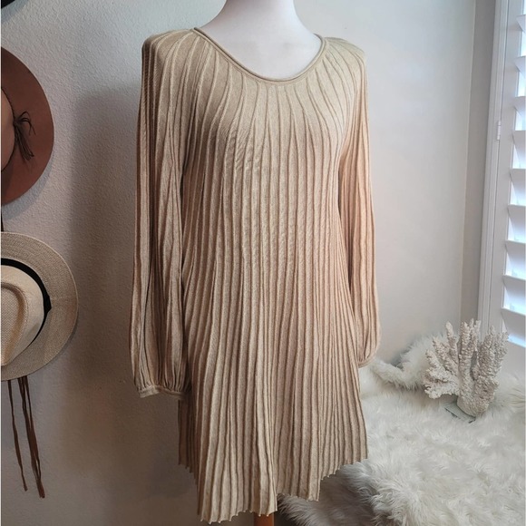 MAX STUDIO A-LINE SWEATERDRESS PLEATED BEIGE TONE LONG SLEEVE WOMEN'S SIZE LARGE - Picture 3 of 12